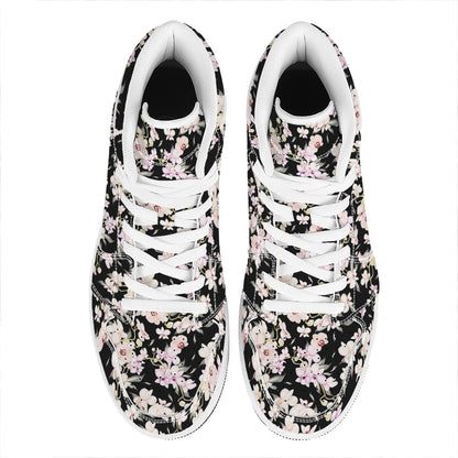 Watercolor Orchid Flower Pattern Print High Top Leather Sneakers