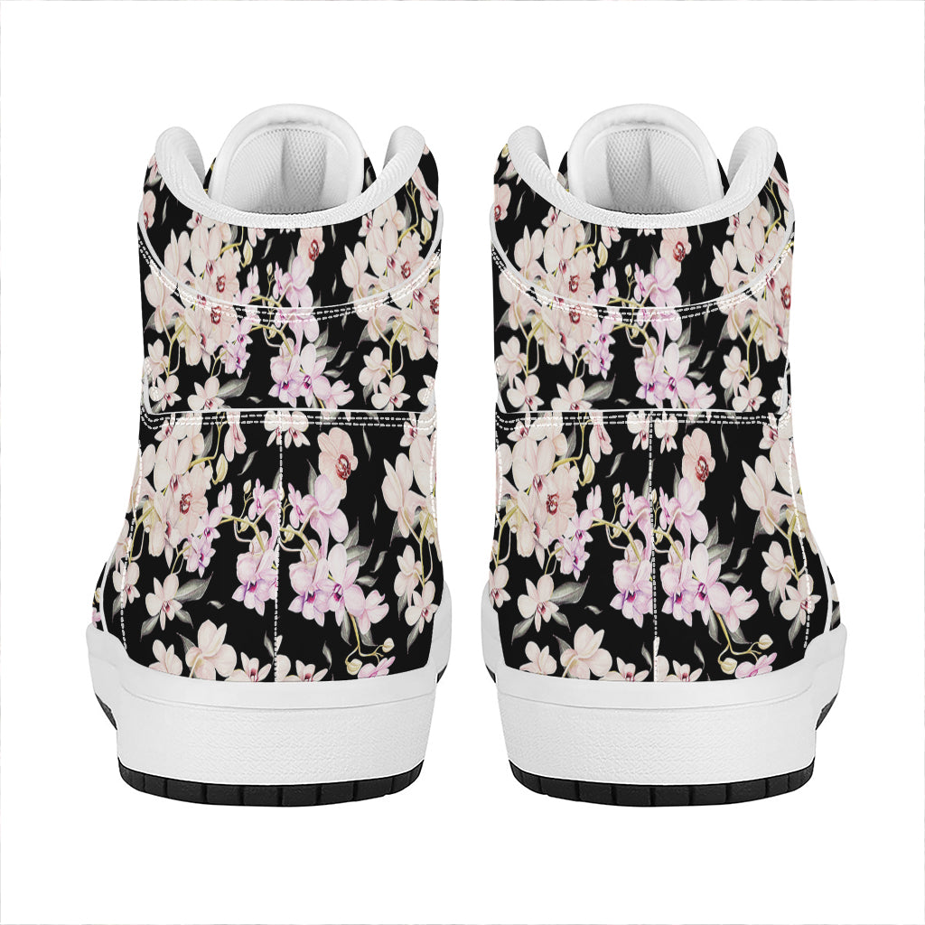 Watercolor Orchid Flower Pattern Print High Top Leather Sneakers