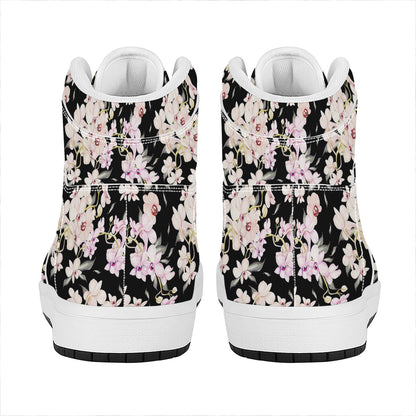 Watercolor Orchid Flower Pattern Print High Top Leather Sneakers