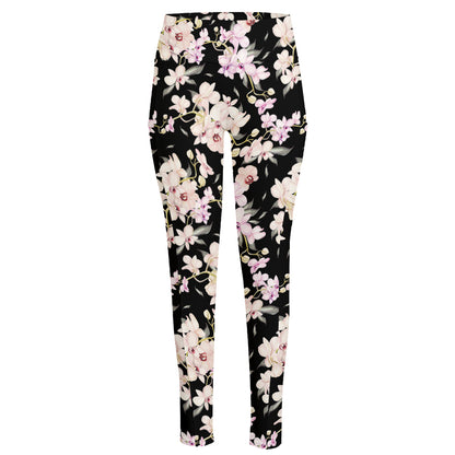 Watercolor Orchid Flower Pattern Print High-Waisted Pocket Leggings