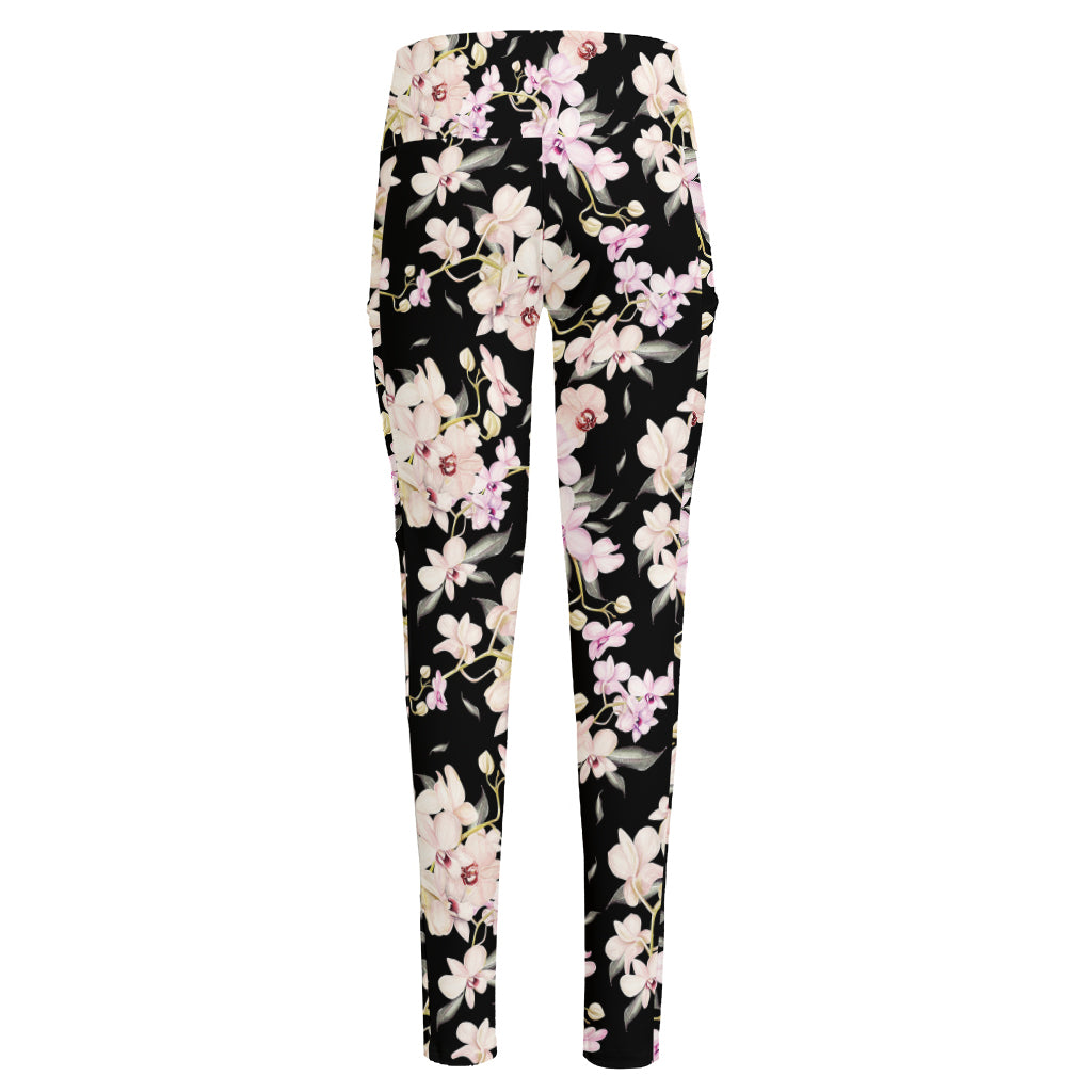 Watercolor Orchid Flower Pattern Print High-Waisted Pocket Leggings
