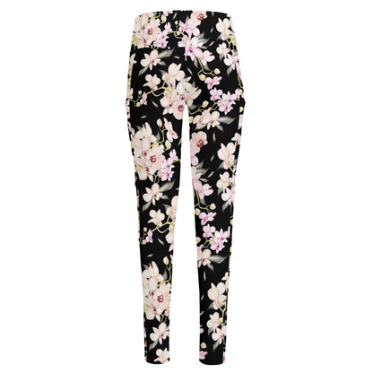 Watercolor Orchid Flower Pattern Print High-Waisted Pocket Leggings