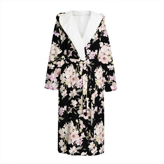 Watercolor Orchid Flower Pattern Print Hooded Bathrobe