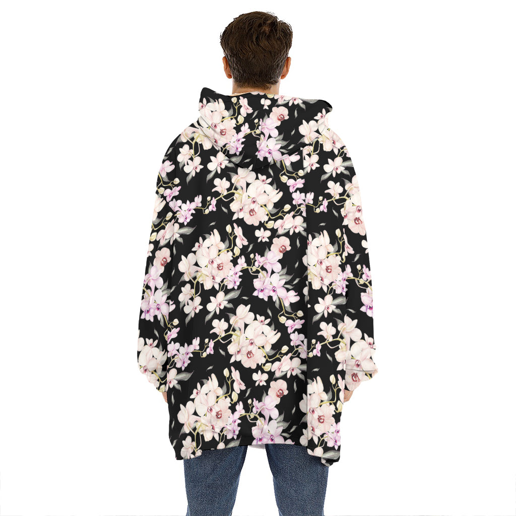 Watercolor Orchid Flower Pattern Print Hoodie Blanket