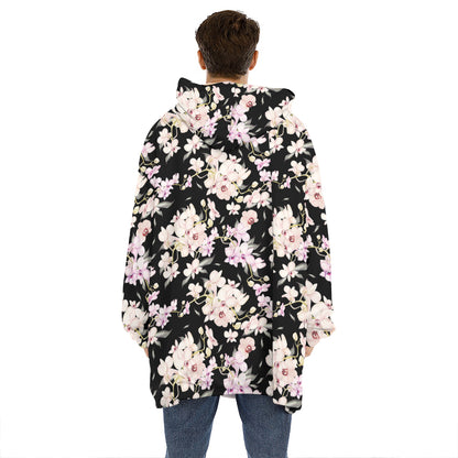 Watercolor Orchid Flower Pattern Print Hoodie Blanket