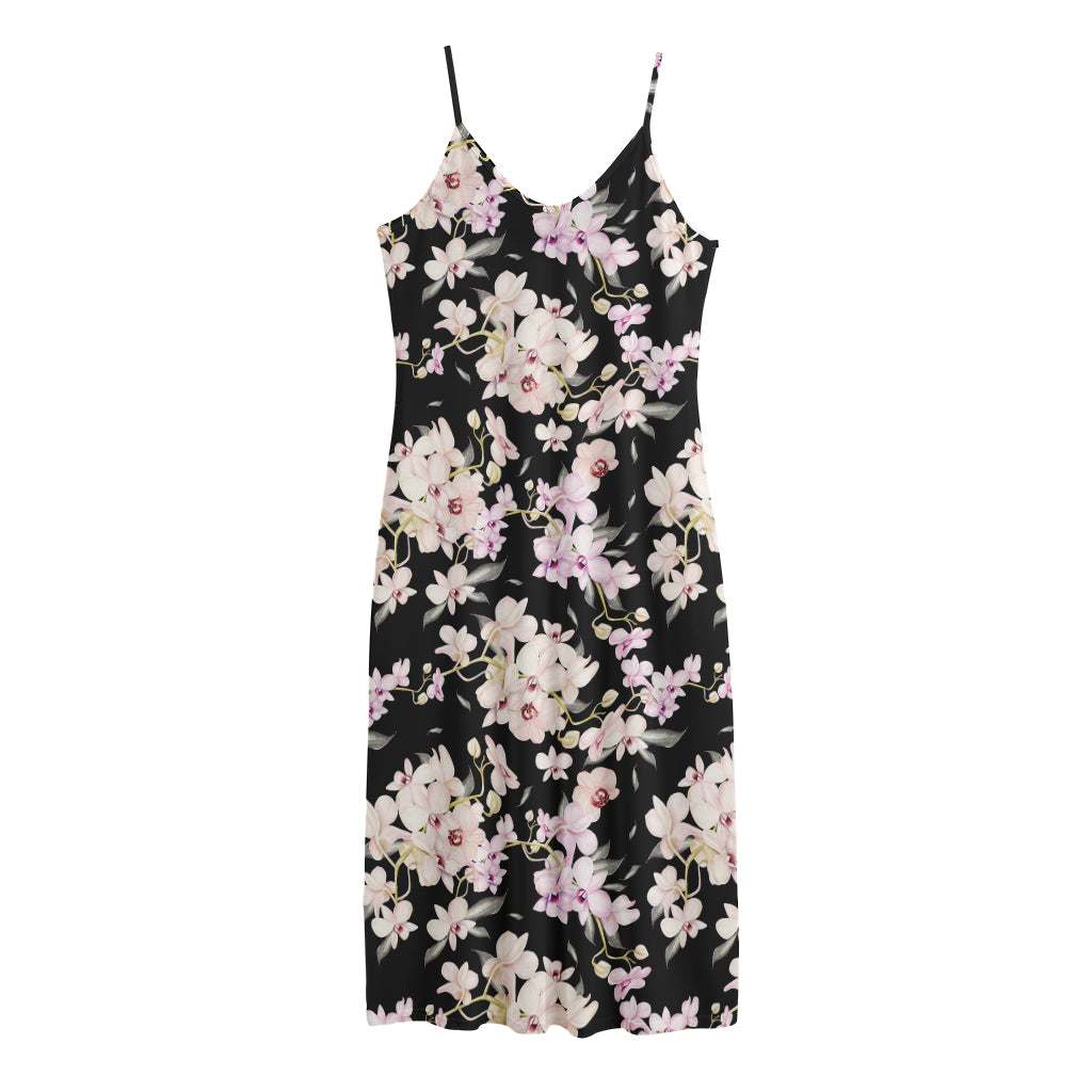 Watercolor Orchid Flower Pattern Print Jersey Midi Cami Dress