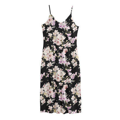 Watercolor Orchid Flower Pattern Print Jersey Midi Cami Dress