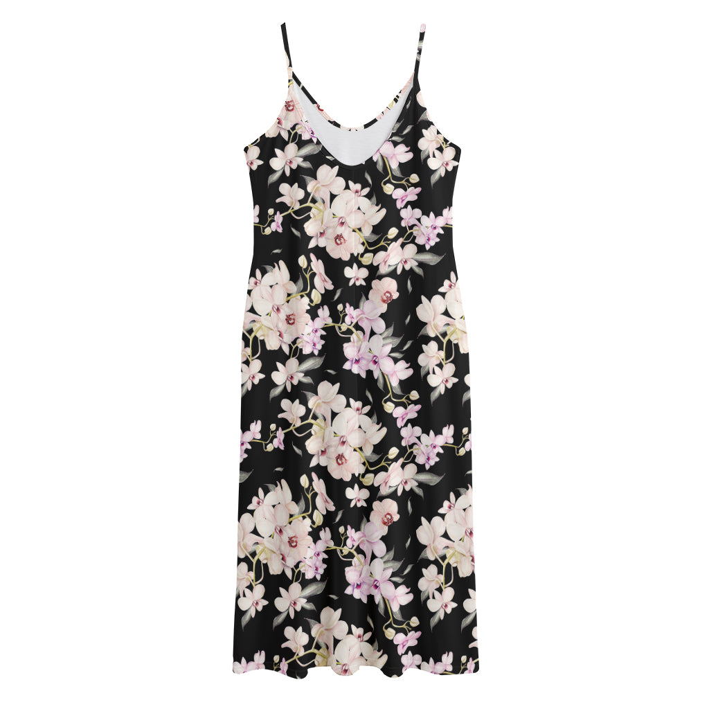 Watercolor Orchid Flower Pattern Print Jersey Midi Cami Dress