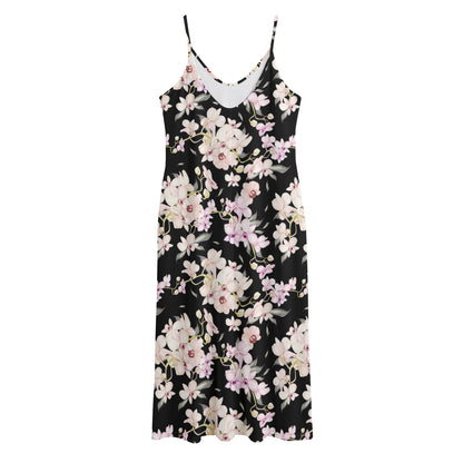Watercolor Orchid Flower Pattern Print Jersey Midi Cami Dress