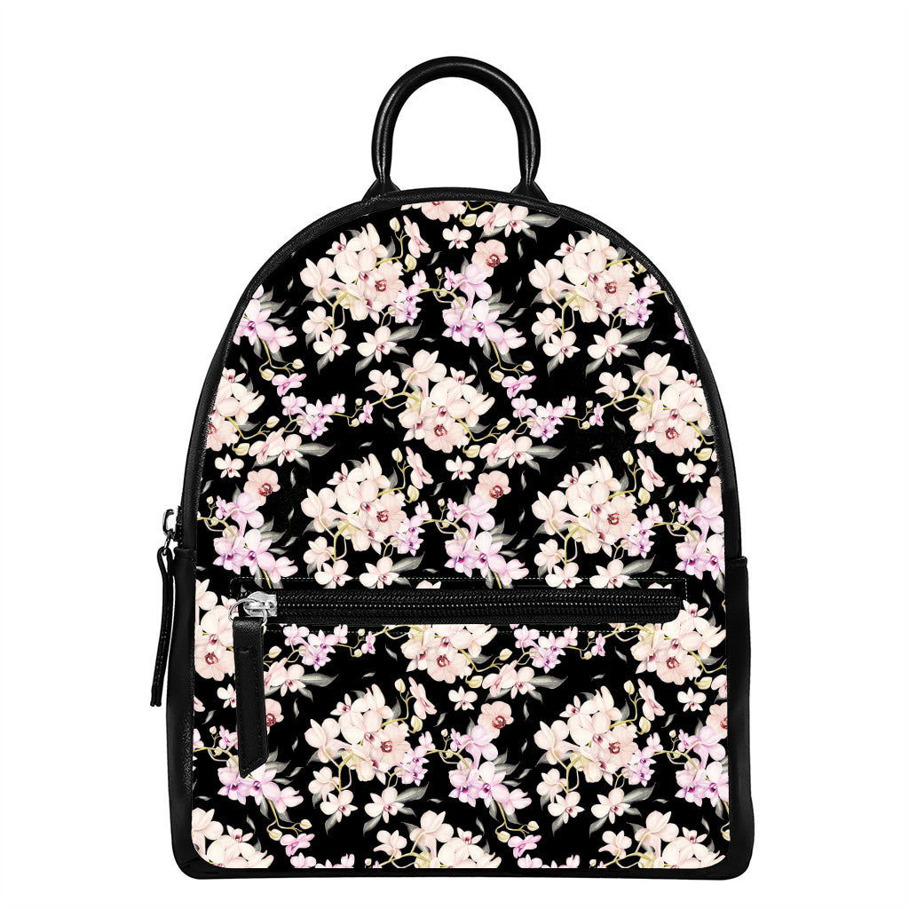 Watercolor Orchid Flower Pattern Print Leather Backpack