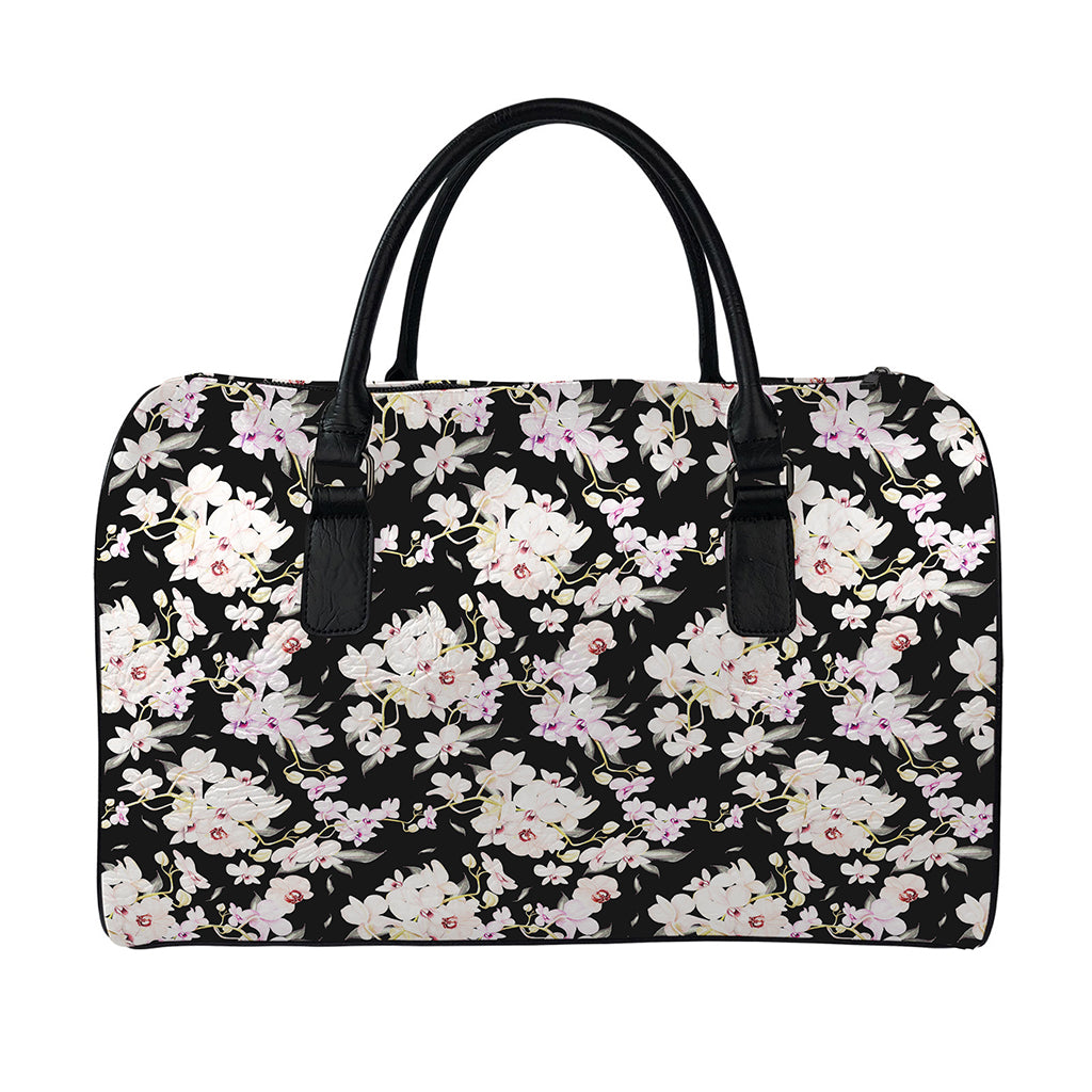 Watercolor Orchid Flower Pattern Print Leather Duffle Bag