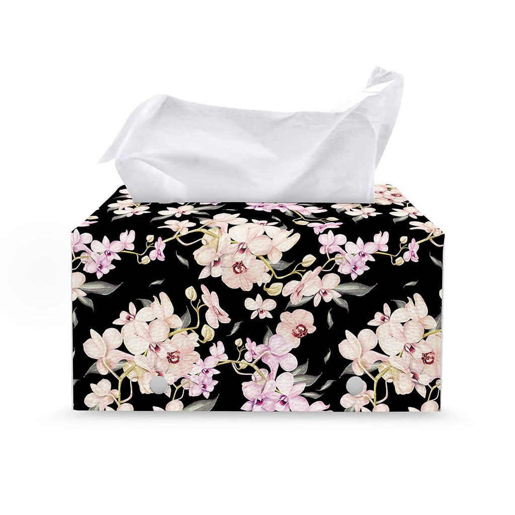 Watercolor Orchid Flower Pattern Print Leather Tissue Box Cover