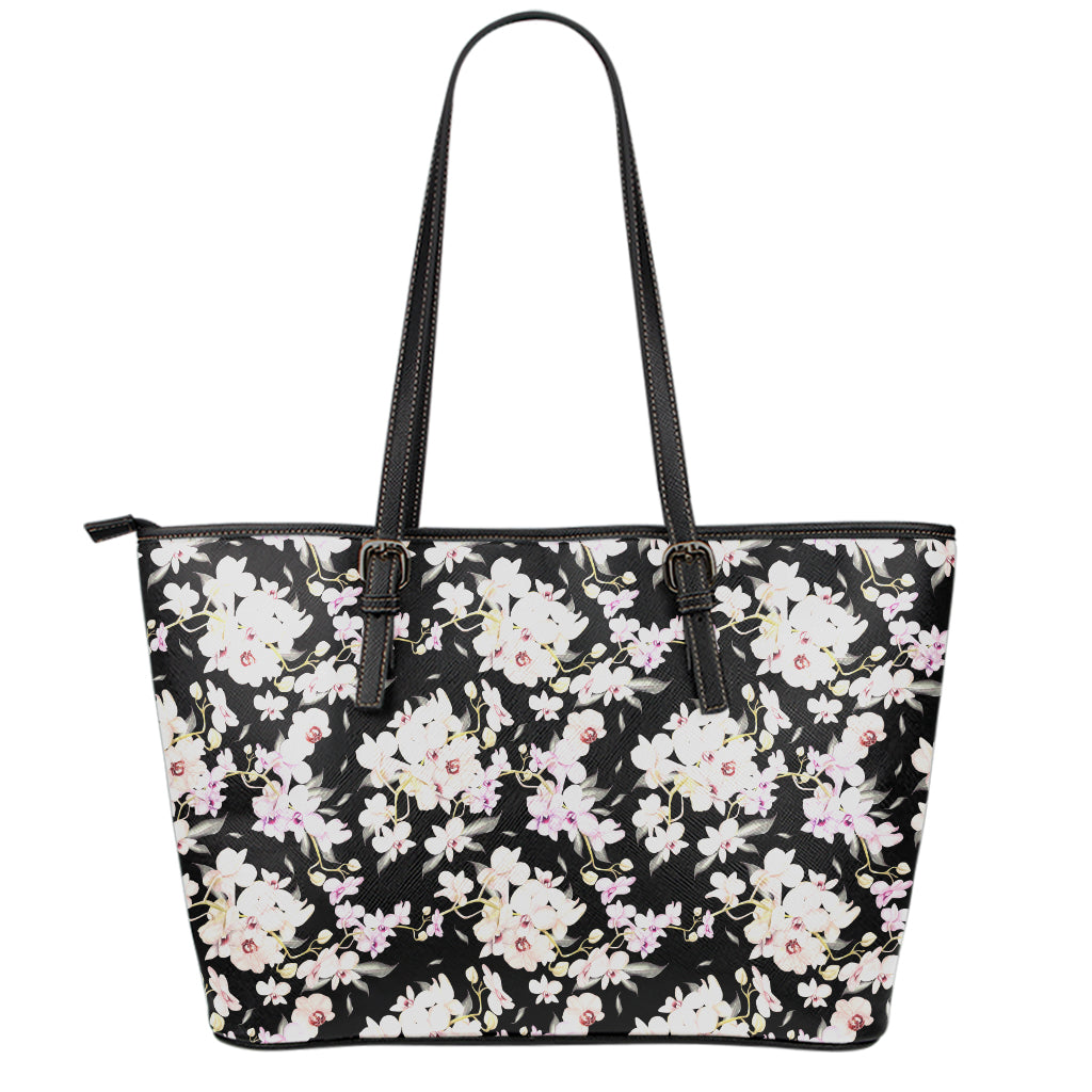 Watercolor Orchid Flower Pattern Print Leather Tote Bag