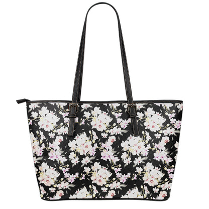Watercolor Orchid Flower Pattern Print Leather Tote Bag