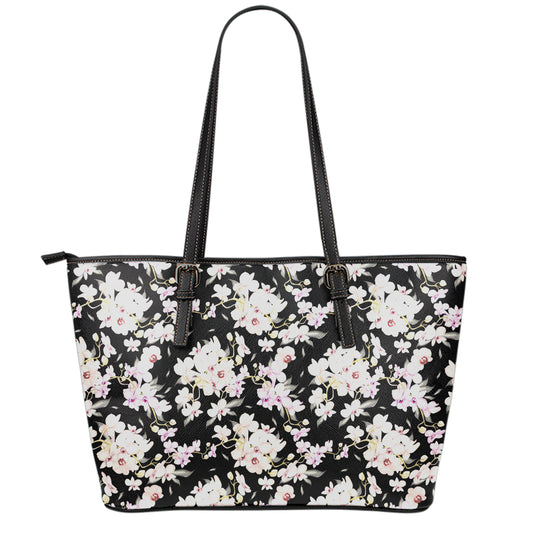 Watercolor Orchid Flower Pattern Print Leather Tote Bag