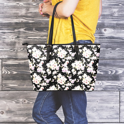 Watercolor Orchid Flower Pattern Print Leather Tote Bag
