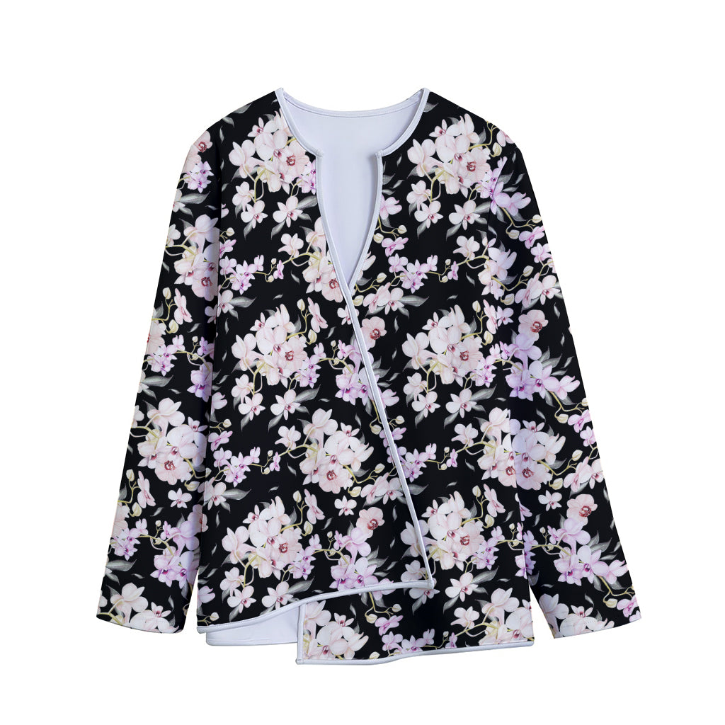 Watercolor Orchid Flower Pattern Print Long Sleeve Short Coat