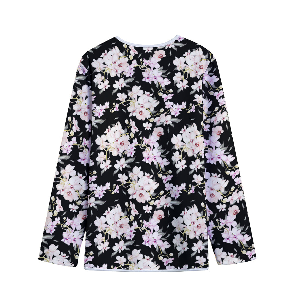 Watercolor Orchid Flower Pattern Print Long Sleeve Short Coat