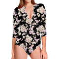 Watercolor Orchid Flower Pattern Print Long Sleeve Swimsuit