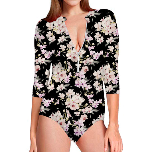Watercolor Orchid Flower Pattern Print Long Sleeve Swimsuit