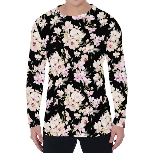 Watercolor Orchid Flower Pattern Print Men's Long Sleeve T-Shirt