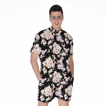 Watercolor Orchid Flower Pattern Print Men's Rompers