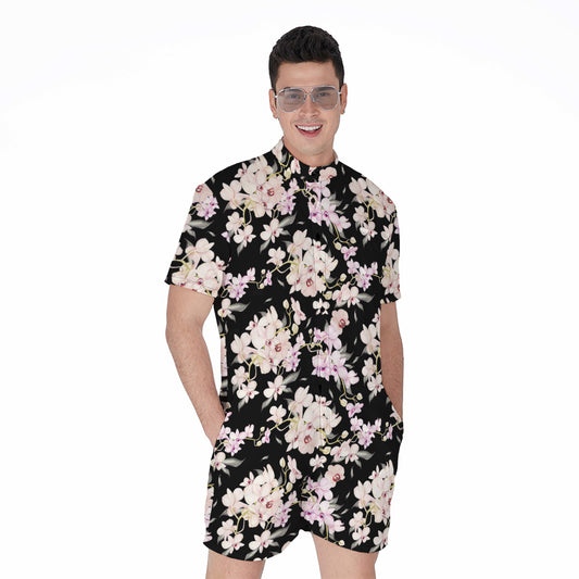 Watercolor Orchid Flower Pattern Print Men's Rompers
