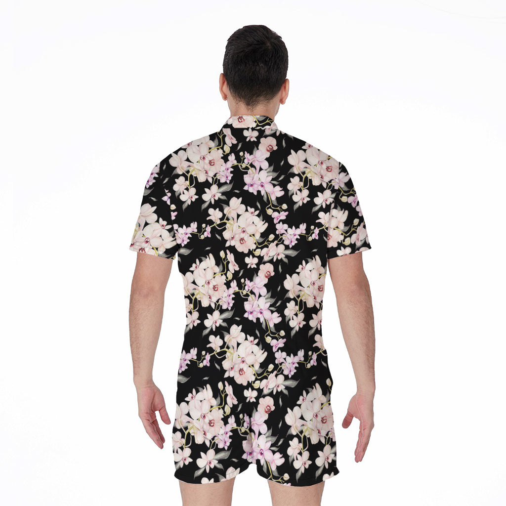 Watercolor Orchid Flower Pattern Print Men's Rompers