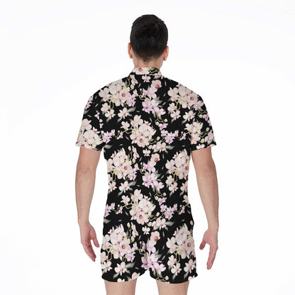 Watercolor Orchid Flower Pattern Print Men's Rompers