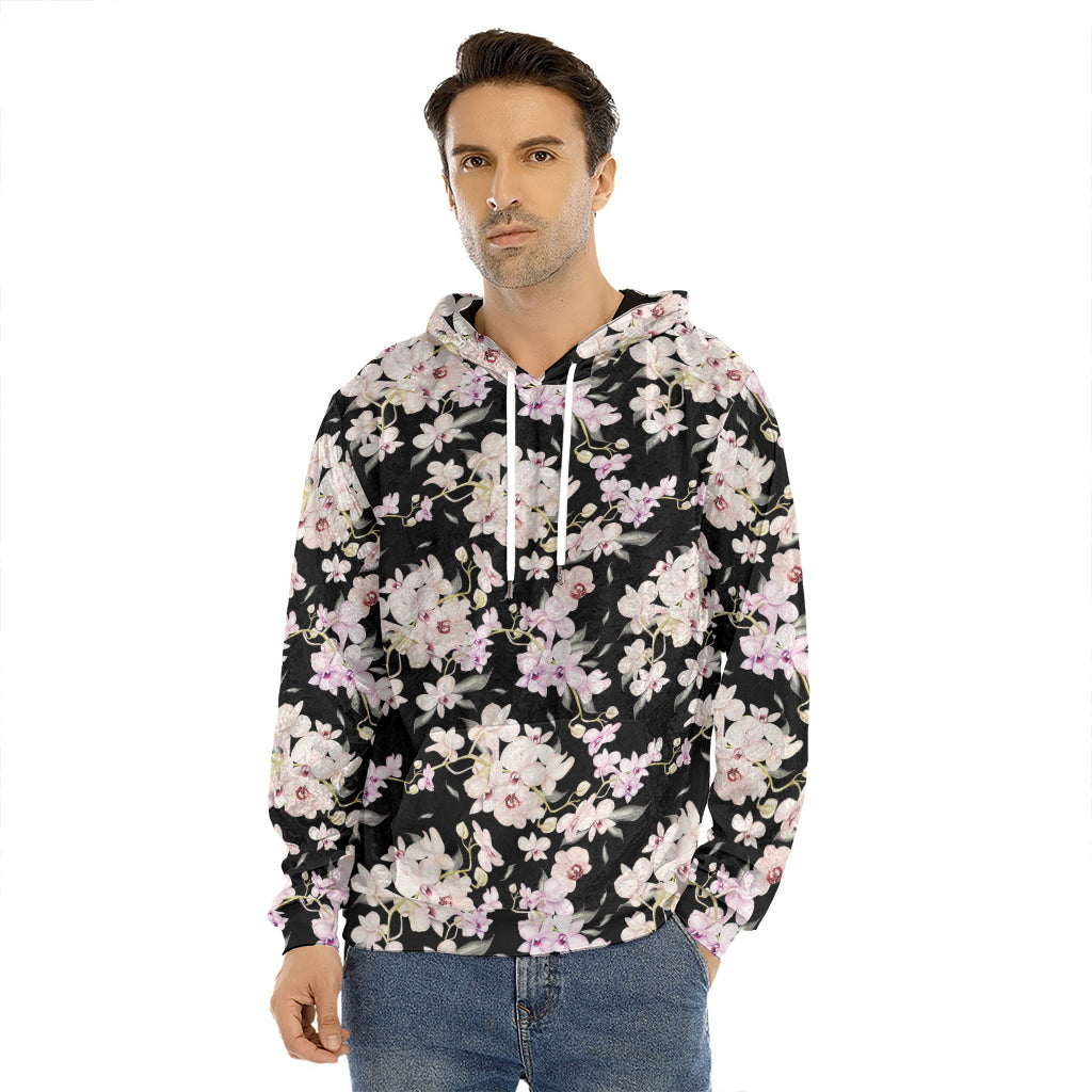 Watercolor Orchid Flower Pattern Print Men's Velvet Pullover Hoodie