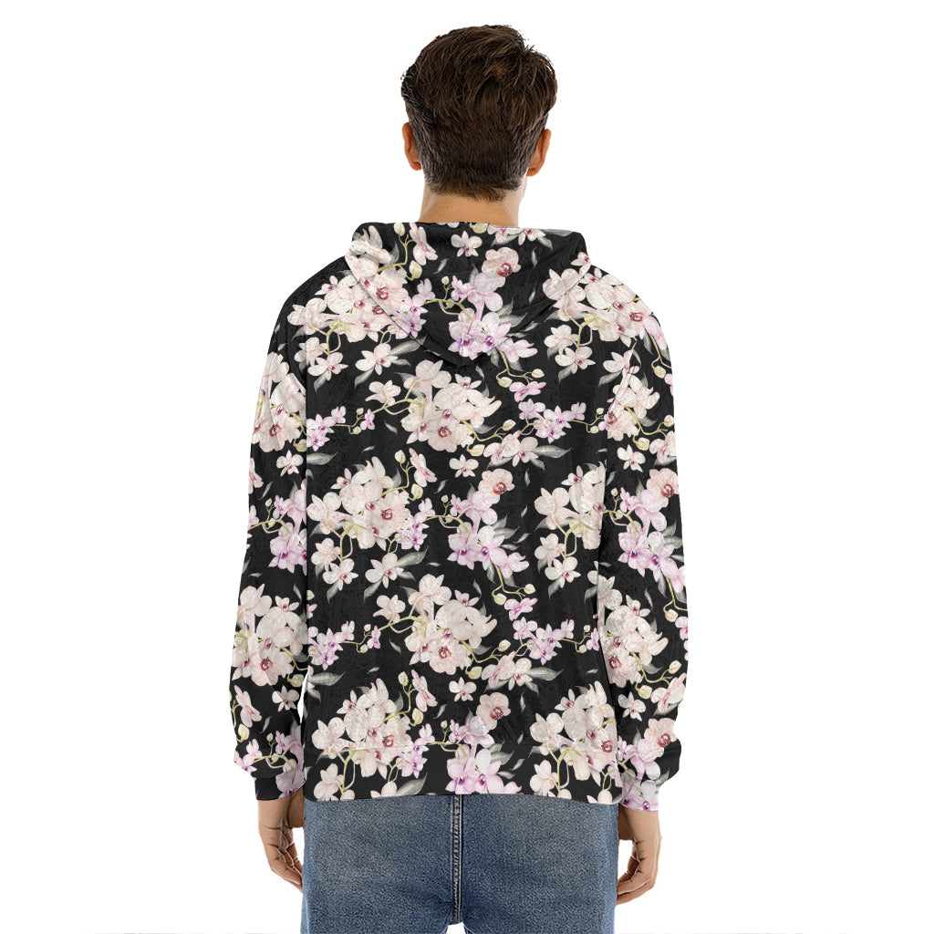 Watercolor Orchid Flower Pattern Print Men's Velvet Pullover Hoodie