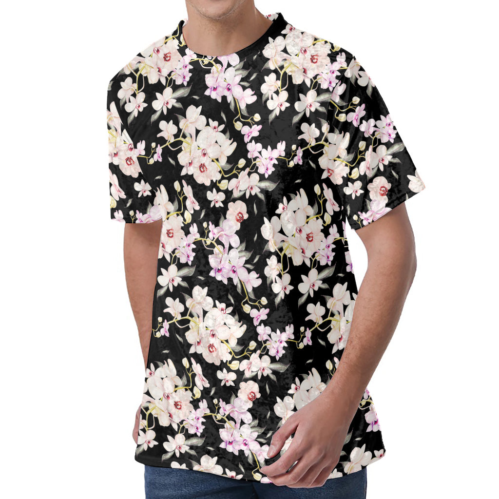 Watercolor Orchid Flower Pattern Print Men's Velvet T-Shirt