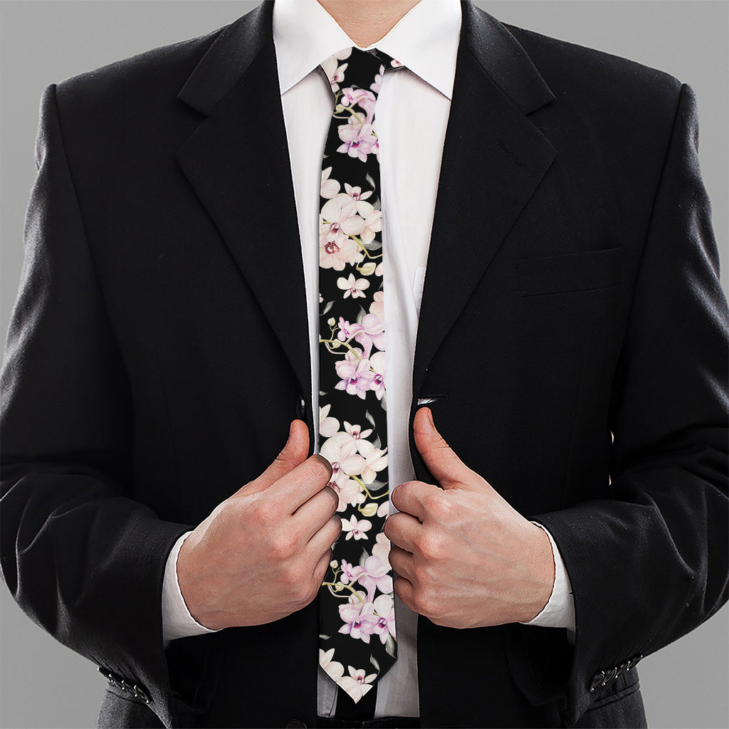 Watercolor Orchid Flower Pattern Print Necktie