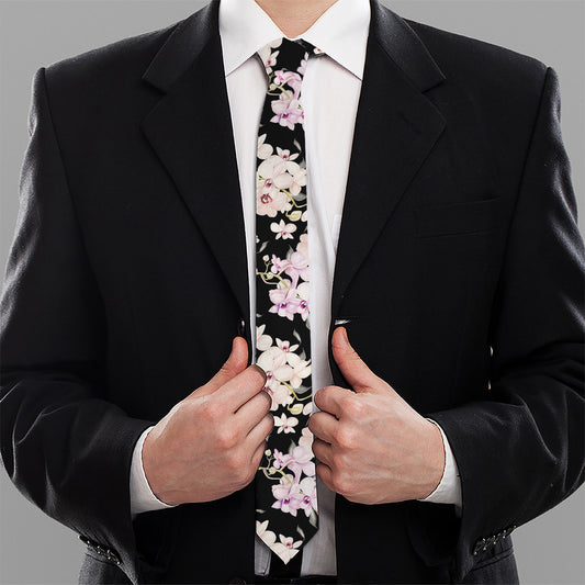 Watercolor Orchid Flower Pattern Print Necktie