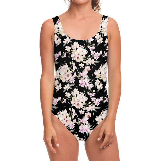 Watercolor Orchid Flower Pattern Print One Piece Swimsuit