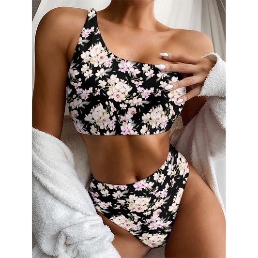 Watercolor Orchid Flower Pattern Print One Shoulder Bikini Top