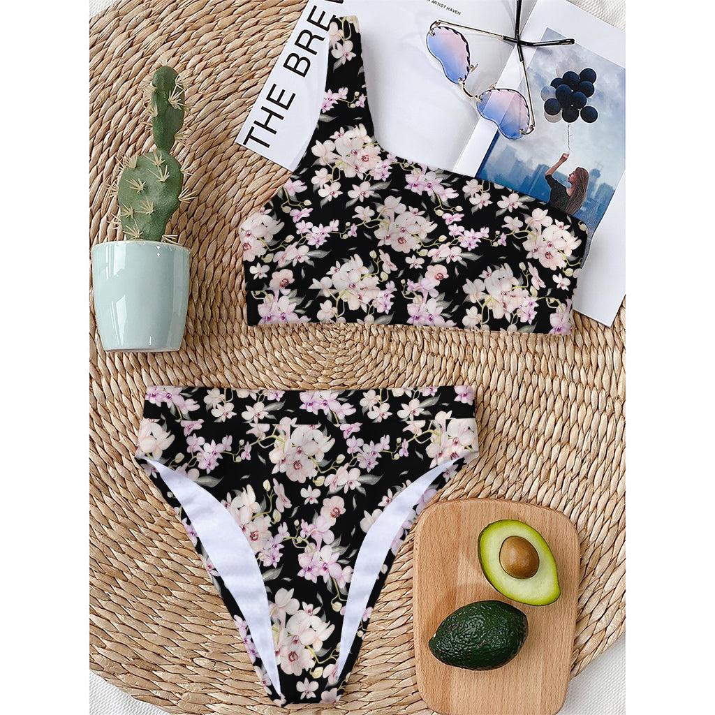 Watercolor Orchid Flower Pattern Print One Shoulder Bikini Top