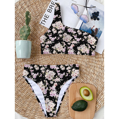Watercolor Orchid Flower Pattern Print One Shoulder Bikini Top