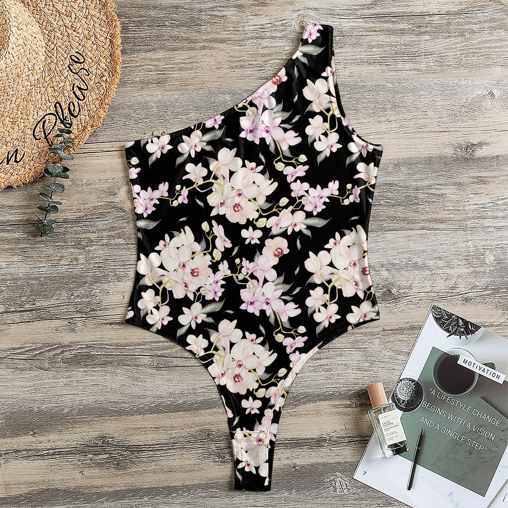 Watercolor Orchid Flower Pattern Print One Shoulder Bodysuit