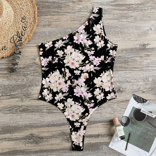 Watercolor Orchid Flower Pattern Print One Shoulder Bodysuit