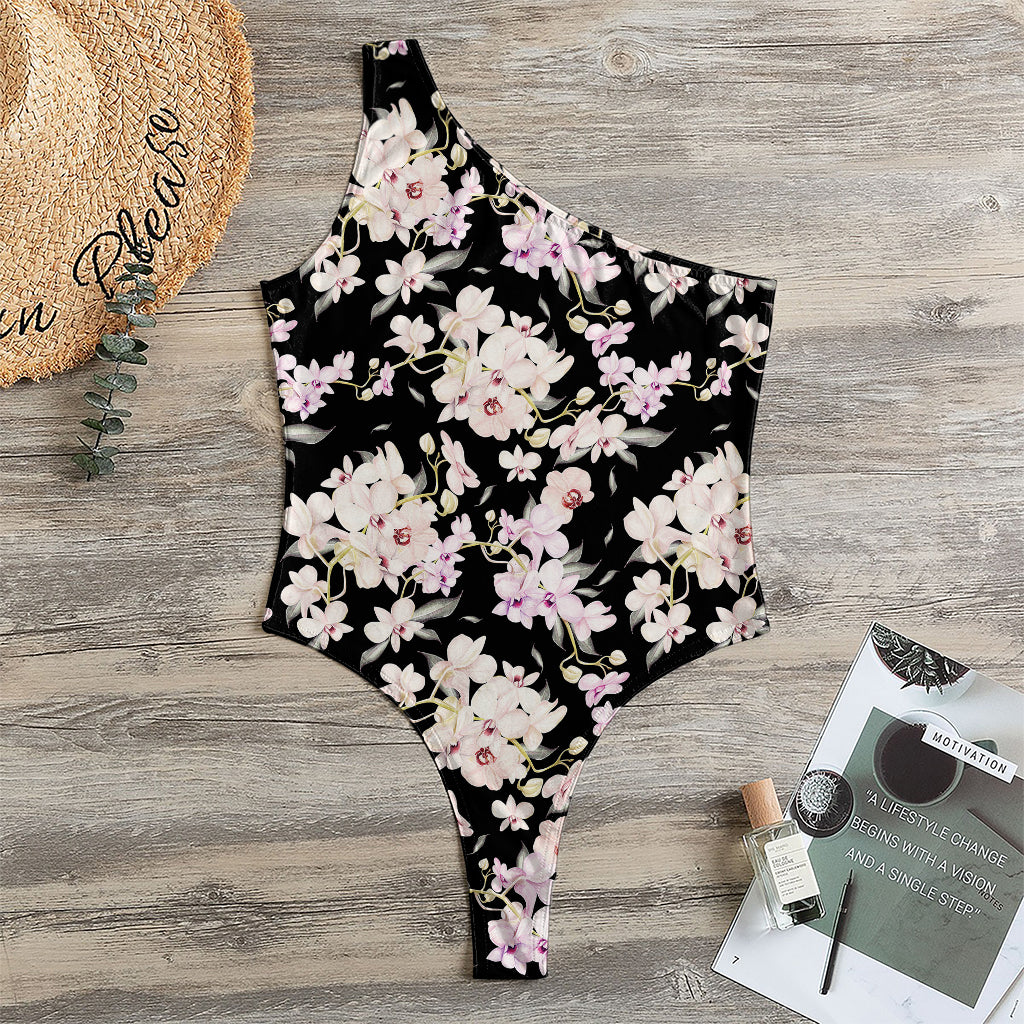Watercolor Orchid Flower Pattern Print One Shoulder Bodysuit