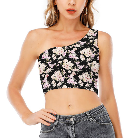 Watercolor Orchid Flower Pattern Print One Shoulder Crop Top