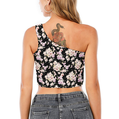 Watercolor Orchid Flower Pattern Print One Shoulder Crop Top