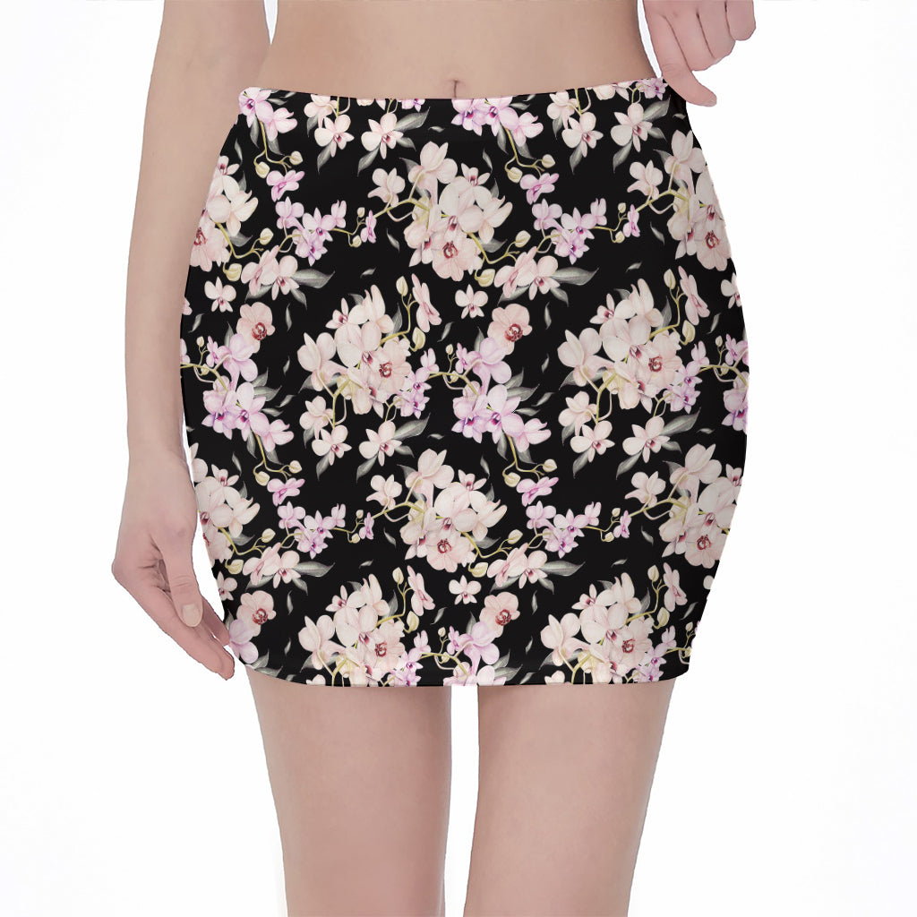 Watercolor Orchid Flower Pattern Print Pencil Mini Skirt