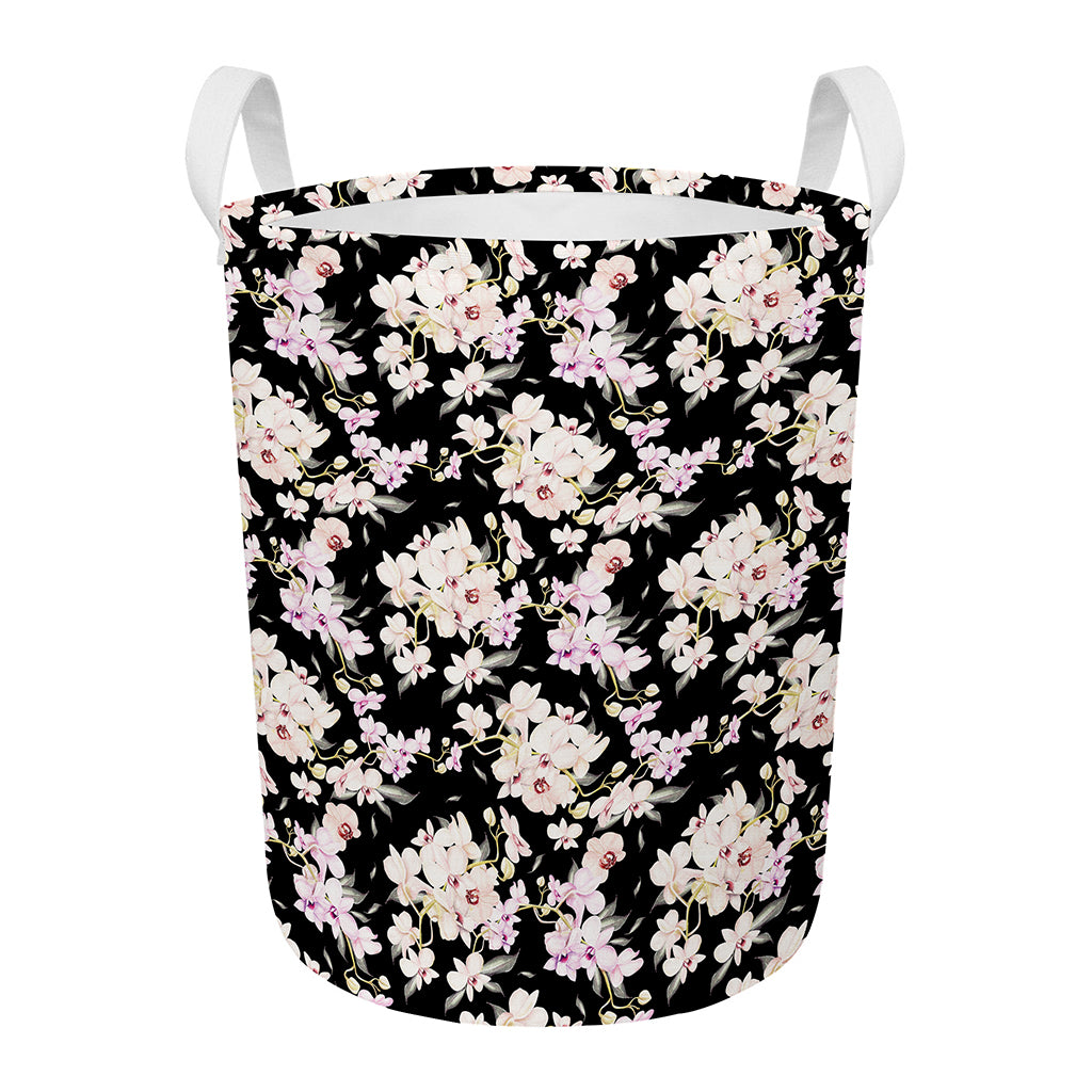 Watercolor Orchid Flower Pattern Print Round Laundry Basket