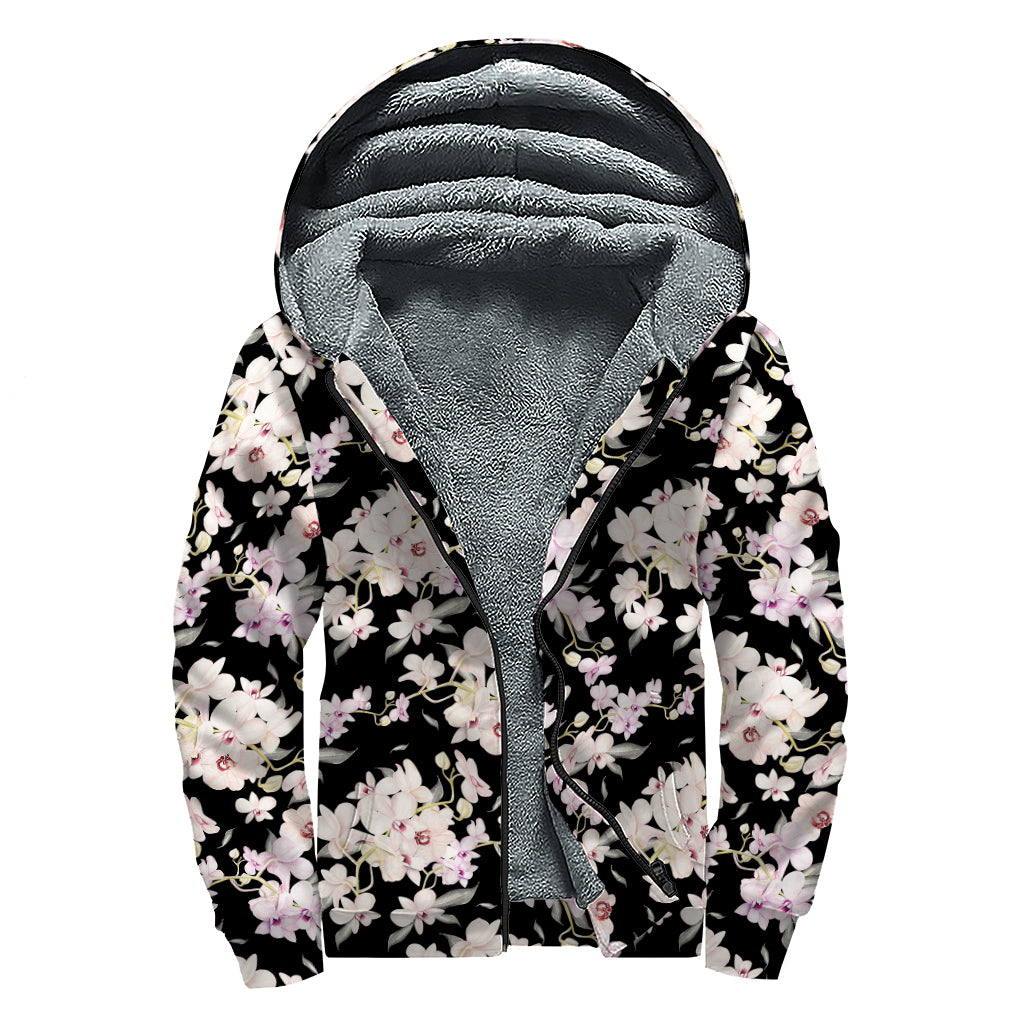 Watercolor Orchid Flower Pattern Print Sherpa Lined Zip Up Hoodie