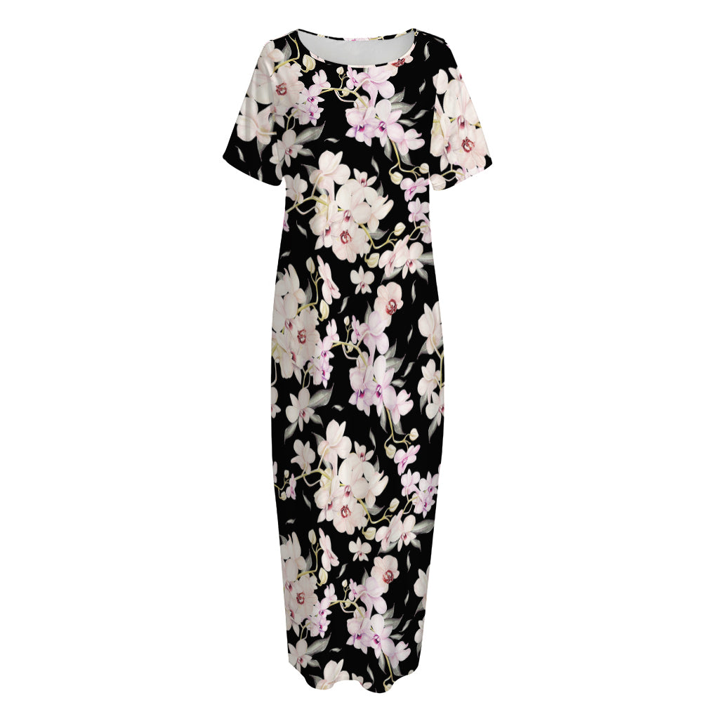 Watercolor Orchid Flower Pattern Print Short Sleeve Long Nightdress