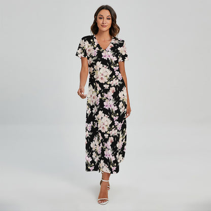Watercolor Orchid Flower Pattern Print Short Sleeve Maxi Dress