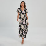 Watercolor Orchid Flower Pattern Print Short Sleeve Maxi Dress