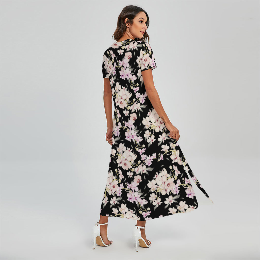 Watercolor Orchid Flower Pattern Print Short Sleeve Maxi Dress